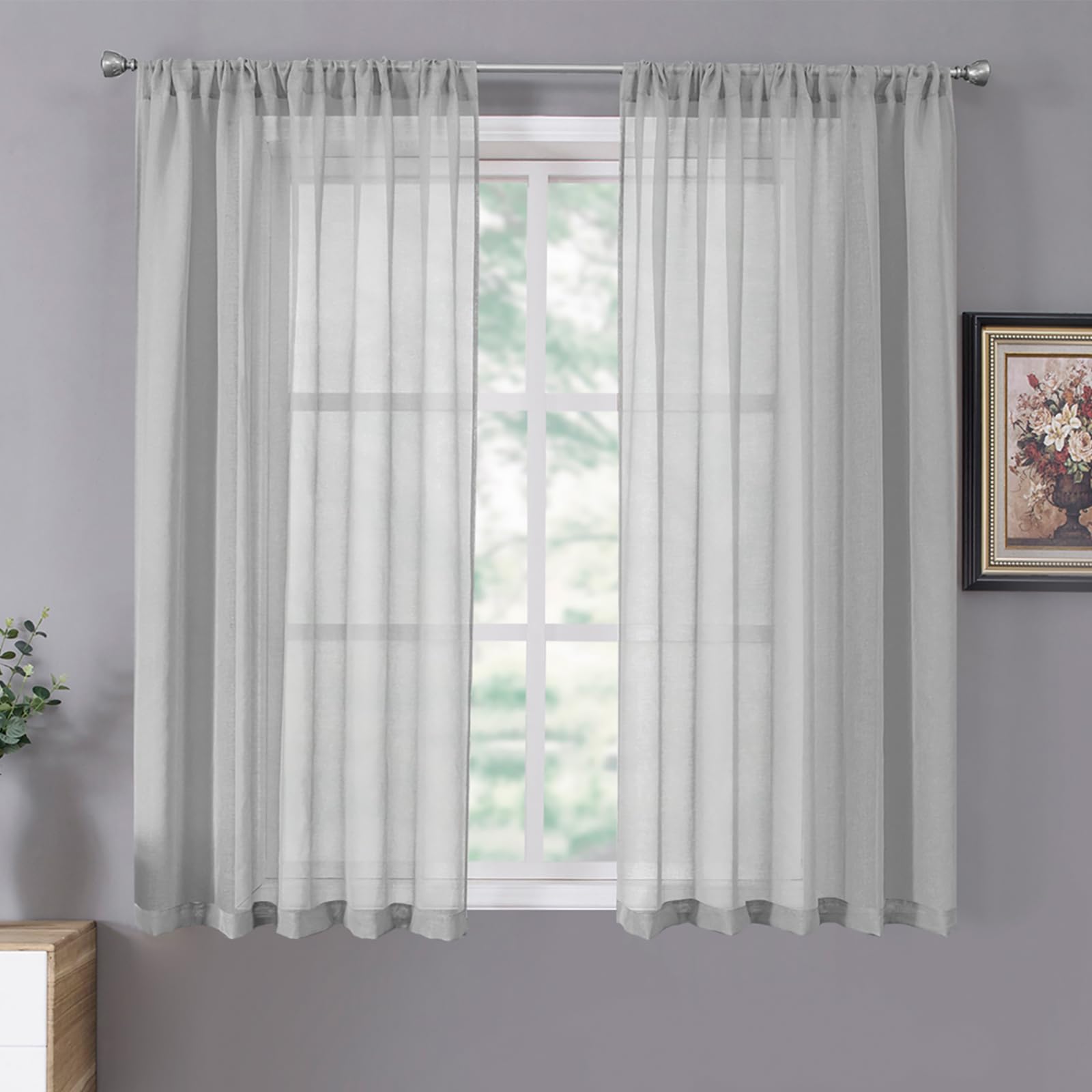 Tollpiz Sheer Curtains Linen Textured Living Room Curtain Sheers Light Filtering Rod Pocket Voile Curtains for Bedroom, 42 x 63 inches Long, Silver Grey, Set of 2 Panels