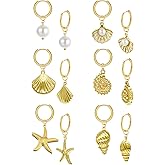 Gold Beach Ocean Earrings for Women Gold Plated Seashell Starfish Huggie Hoop Dangle Earrings Cute Shell Pearl Clam star fish Earring Beachy Jewelry