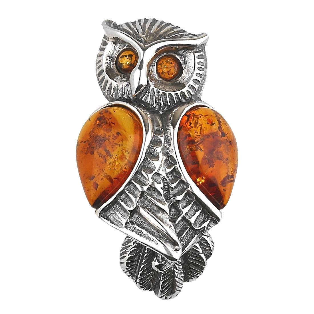 Owl Oxidised Silver Brooch Pin/Clip of Orange Amber in Vintage Style for Women - 925 Sterling Silver