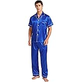 TONY AND CANDICE Men's Silk Satin Pajama Set Short Sleeve Loungewear Button Down Sleepwear with Long Pants