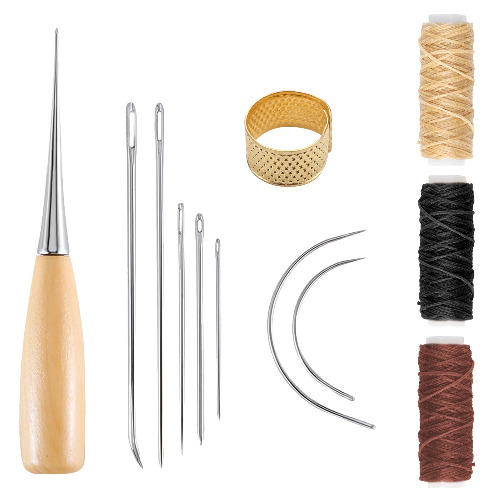 12Pcs Leather Sewing Needle 12m Waxed Thread Kit Upholstery Sewing Kit Cord Drilling Awl Thimble Curved Needle for DIY Crafts Leather Canvas Repair Hand Stitching Embroidery Bookbinding