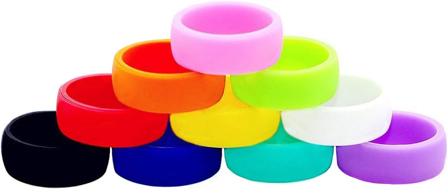 ThreeBulls 10 Pack Wedding Band Pack for Men Women Flexible Comfort Sport Love Ring Silicone Wedding Ring- Birthday or Anniversary Black red blue yellow pink sky blue white orange green purple