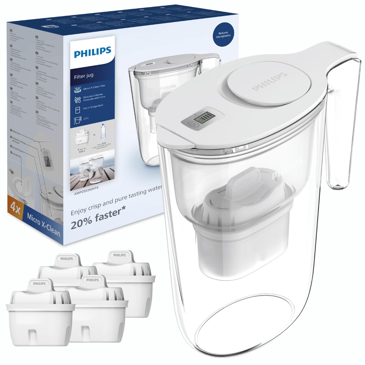 Philips Water Filter Jug +4 Taste+ Replacement Filter Cartridges, Fast flow, White, 2.6 litres, Electronic timer, Packaging May Vary