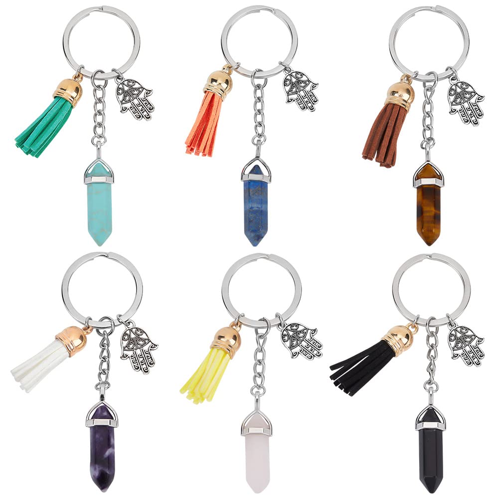 NBEADS 6 Pcs Hamsa Hand Amulet Keychain, Natural Gemstone Keychain Charm Tibetan Style Alloy Hamsa Hand wih Tassel Pendant Keyring for DIY Jewelry Keychain Craft Supplies Gift Bag Ornaments