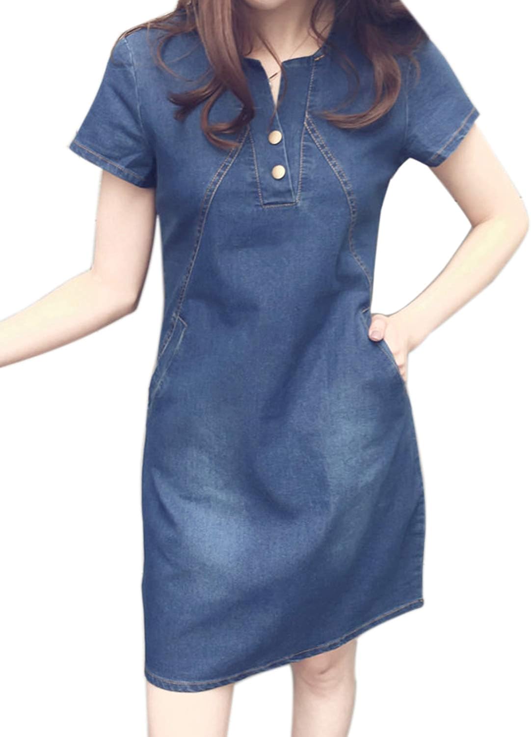 Women Summer Casual Denim Dresses Short Sleeve Solid Aline Mini Jean