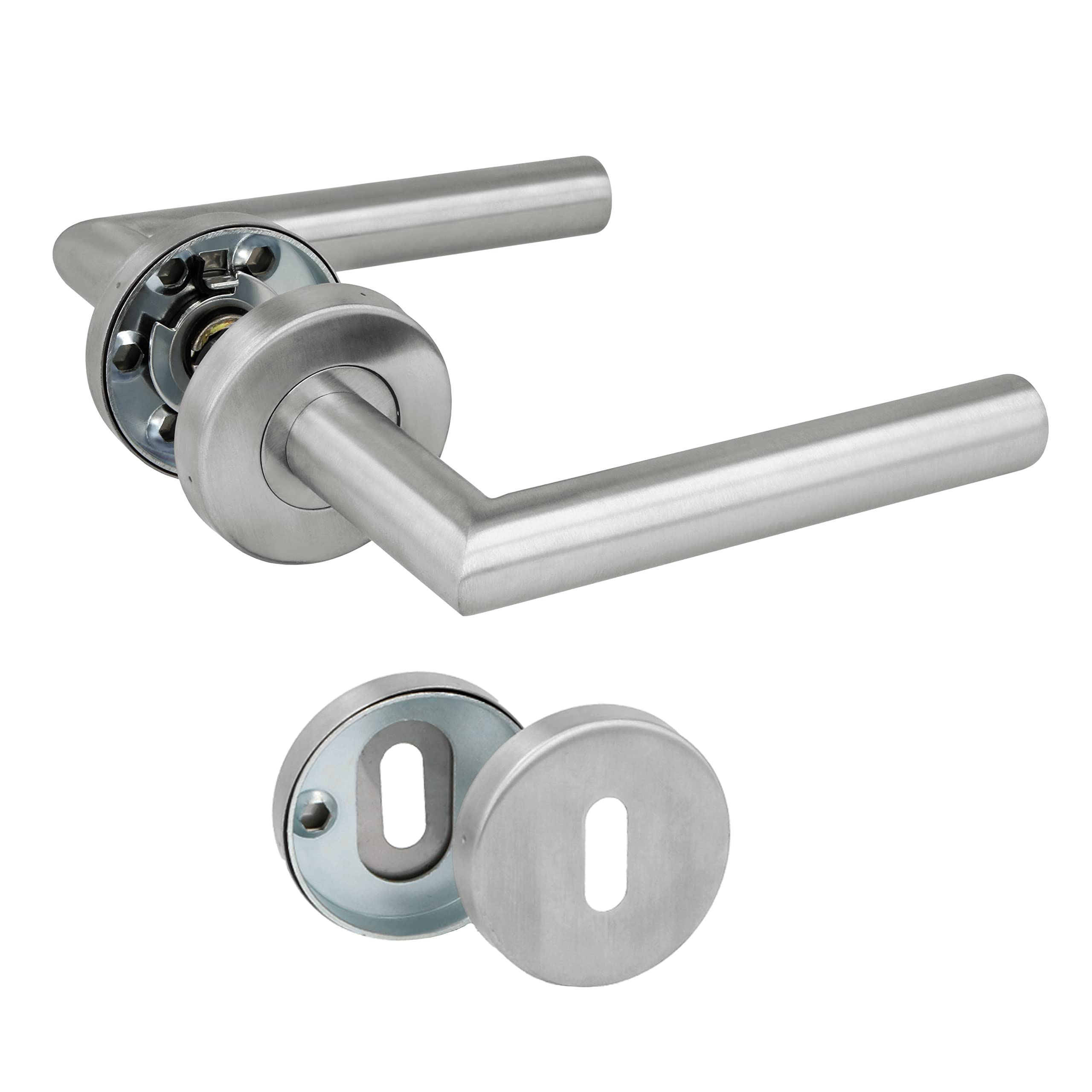 Amig - Set of Handles with Rosette for Doors - 136 x Ø19 mm - Elegant and Simple Design - Ideal for Your Home or Office - Stainless Steel - Matte Silver - Includes Keyhole for Key