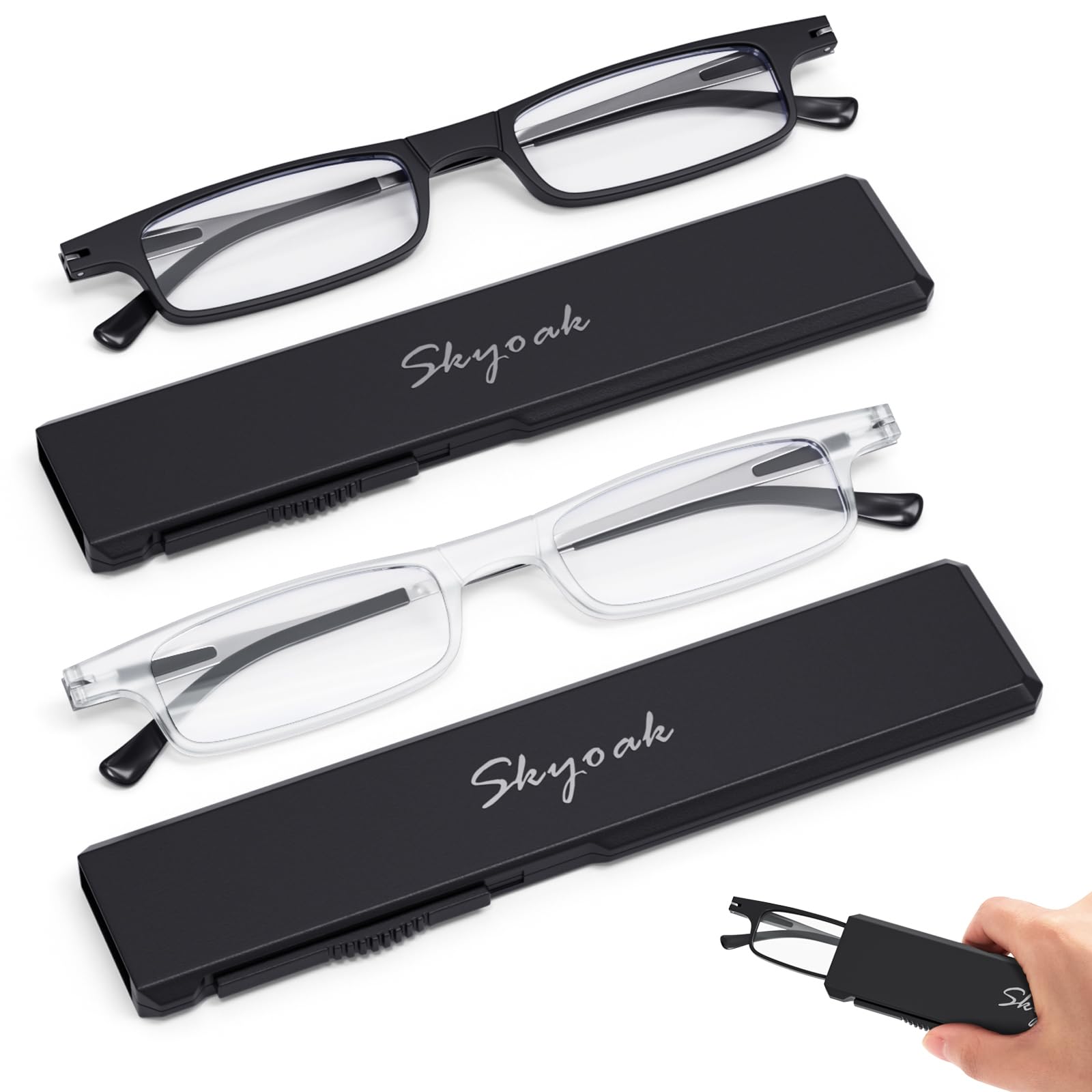 Photo 1 of 2 Pack Ultra thin Lightweight Folding Reading Glasses Women Men TR90 Blue Light Blocking Anti UV/Eyestrain Foldable Compact Computer Readers Portable Unique Stretchable Slim Flat Case Black/Clear +2.0
