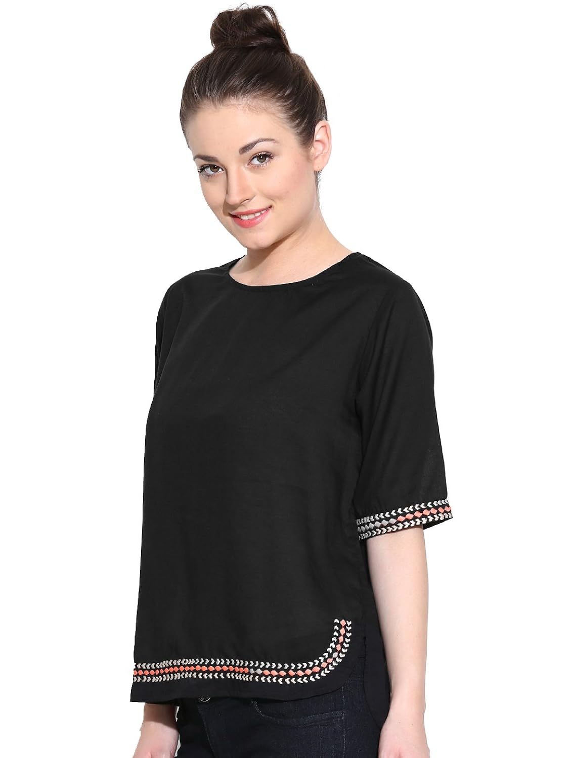amayra women's rayon black solid embroidered top