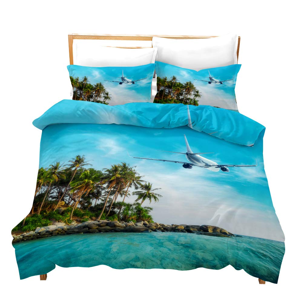 Loussiesd Blue Ocean Duvet Cover Set King Summer Sea Tropical Botanical Bedding Set Luxury 3D Airplane Microfiber Comforter Cover with 2 Pillow Shams, Coconut Trees Decorative Blue 3 Pieces, Zipper