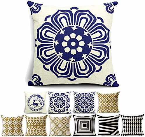 Cotton Linen Square Shams Decorative Throw Pillow Cover Cushion Case(Blue and White Porcelain004)Set of 1 Hidden Zippered for Sofa,Couch,Bed and Chair Fit 18x18 Inserts