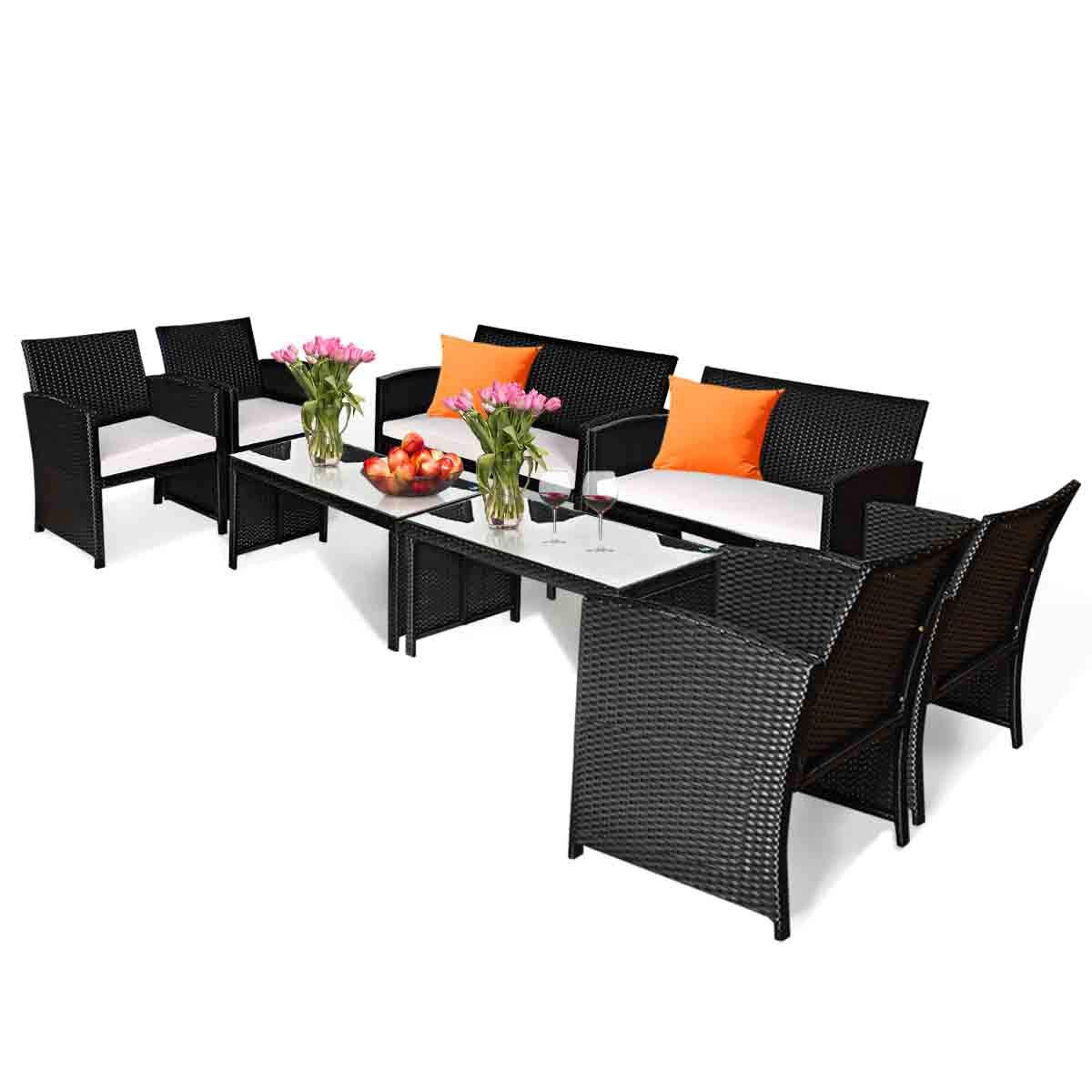 TangkulaPatio Wicker Conversation Furniture Set, Patiojoy Sofa & Table Set w/4 Seats, Outdoor Rattan Sofa Set for Balcony Backyard, Wicker Chair Set with Tempered Glass Coffee Table (2, White)