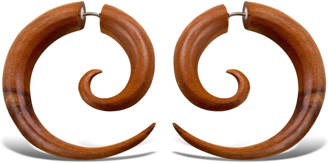 Fake Gauges Tan Wooden Earrings Large Spirals