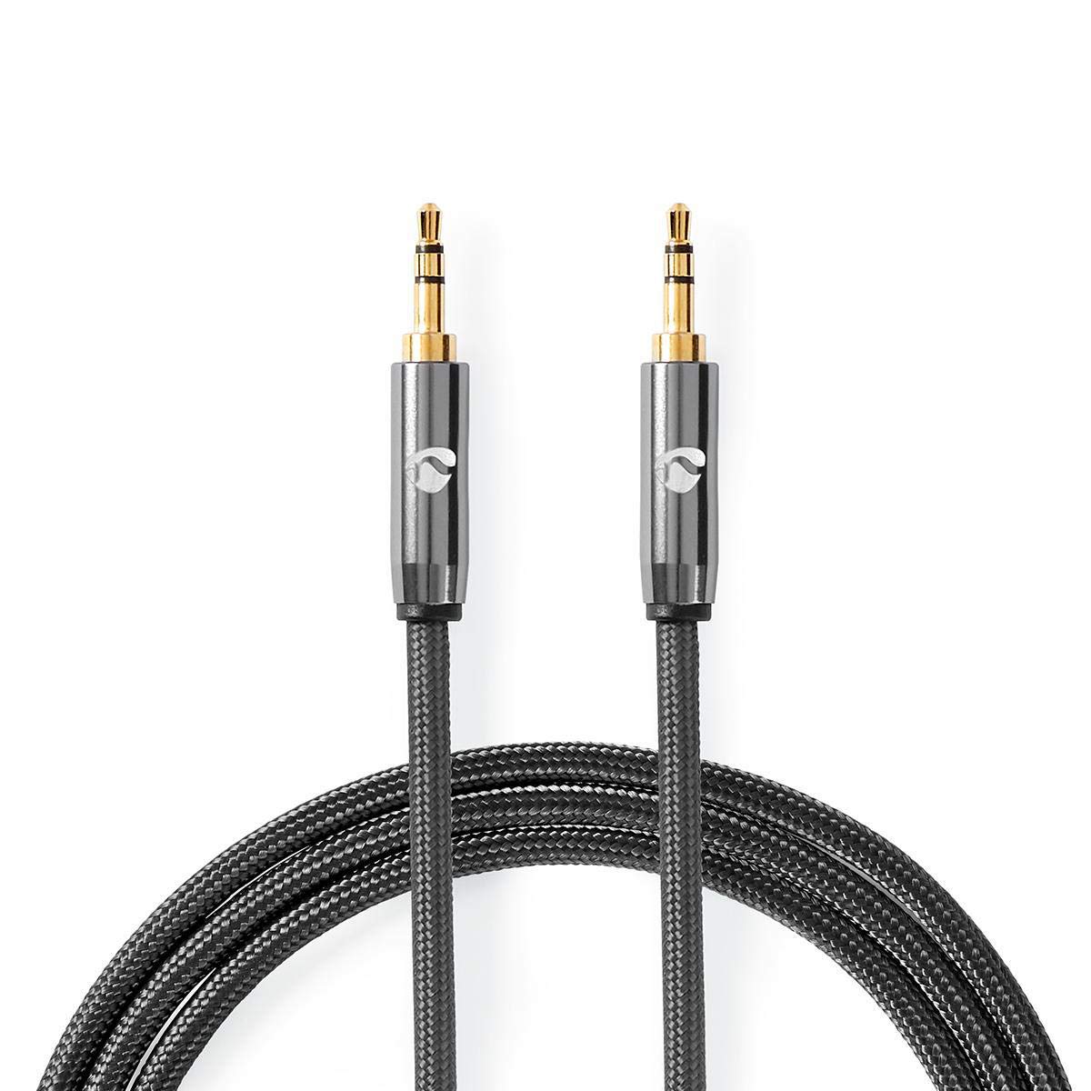 Nedis 5m Profigold AUX Cable, Braided Stereo 3.5mm Jack Male to Male Audio Cable, Gold Plated, for Phone, Headphones, Car, TV, PC, Laptop, Hi-Fi - Grey