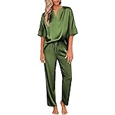 Ekouaer Satin Pajama Set Womens Silk Short Sleeve V Neck Shirt with Long Pant Soft Loungewear Pjs Set