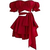 SweatyRocks Women's 2 Piece Outfits Off The Shoulder Puff Sleeve Crop Top and Ruffle Layered Shorts Set