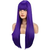BERON Dark Purple Wigs Straight Long Hair Wigs with Bangs Women Fashion Heat Resistant Synthetic Natural Looking Wig for Cosplay Party or Daily Use