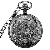 Powshop Vintage Stainless Quartz Pocket Watch with 14.8'' Chain Classic Sculptured Fob Pocket Watch (Black)