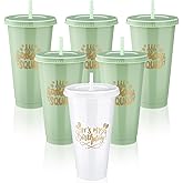 Jingmore Birthday Party Tumblers 24 oz Squad Plastic Tumblers with Lid and Straw for 20th 30th 40th 50th 60th Birthday Decorations Favor for Women Adults(White, Sage Green,6 Pcs)
