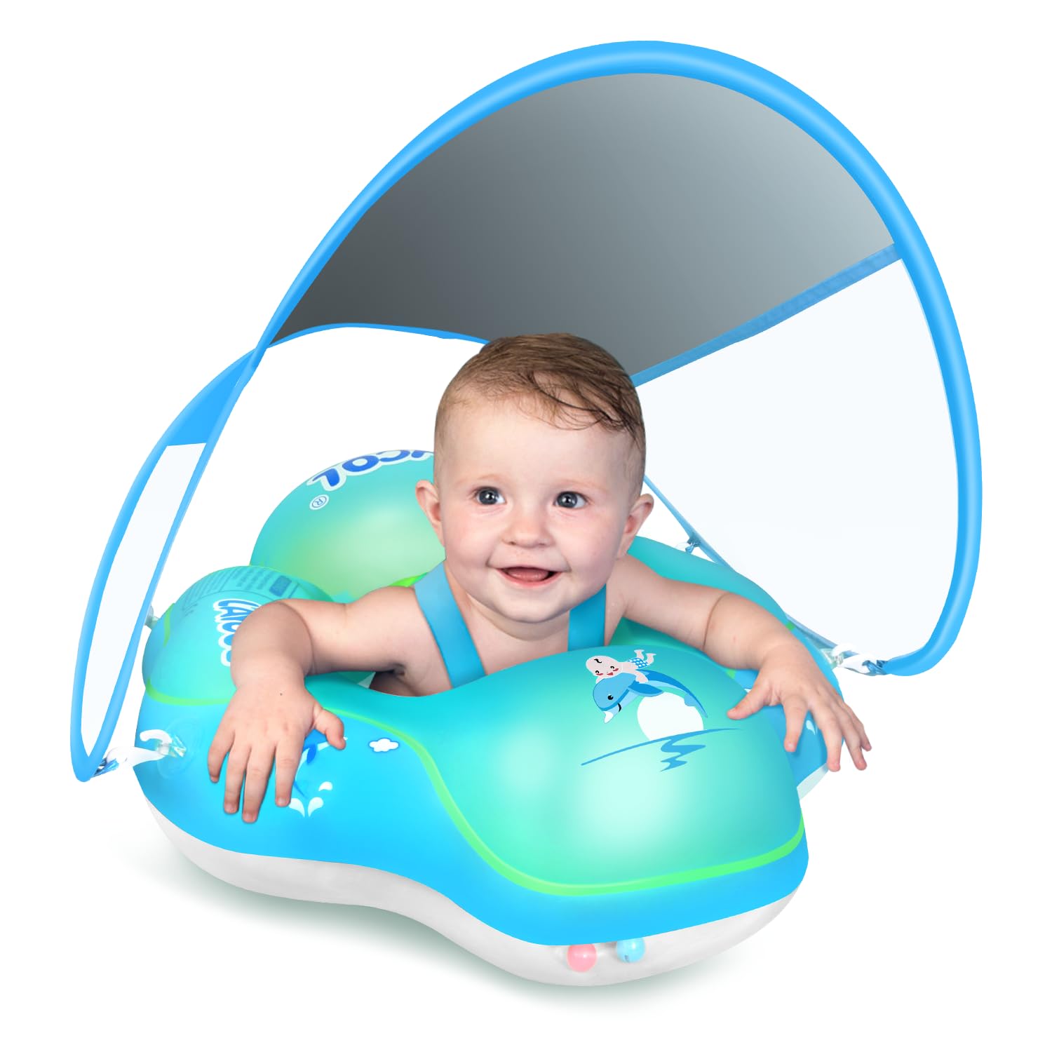 LAYCOL Baby Pool Float with Canopy UPF50+, 5 Point Safety Buckle No Flip Over, Inflatable Toddler Floaties Infant Pool Floats with Double Air Chambers, Baby Beach Essentials/Traval for 3-36M Blue S
