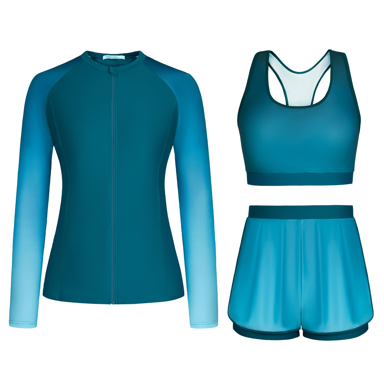 Photo 1 of 3 Piece Rash Guard for Women, Long Sleeve Swimsuits with Shorts Modest SPF Sun Protection Zip Up Swim Shirt with Built in Bra M 
