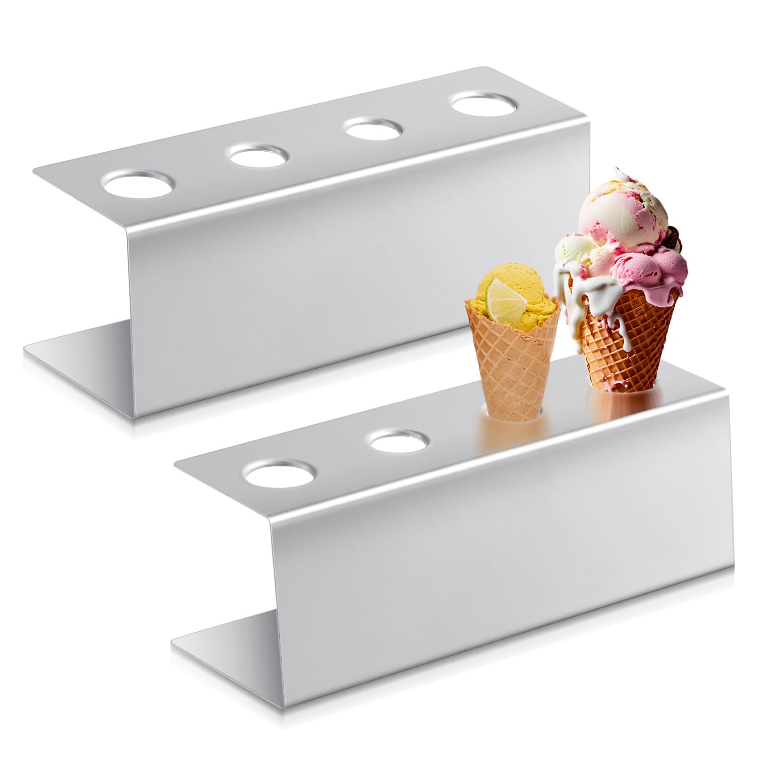 Photo 1 of FillTouch 2 Pcs Ice Cream Cone Holder Stainless Steel Waffle Cone Holder with 4 Holes 10.6 x 3.7 x 3.5 Inches Cupcake Sugar Stand Rack Display Cotton Candy for Party Buffets