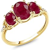 Gem Stone King 10K Yellow Gold Red Ruby and Diamond Accent 3-Stone Ring | 2.84 Cttw | Oval 8X6MM and 6X4MM | 3 Stone Wedding Engagement Anniversary Promise Ring For Women