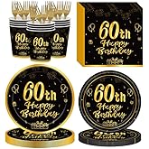 Lousuip 120Pcs 60th Birthday Party Supplies Plates Napkins Cups Forks Tableware Set Gold Black Happy 60th Birthday Themed Disposable Tableware Decoration Serves 24 Guests for Men Women 60 Years Old