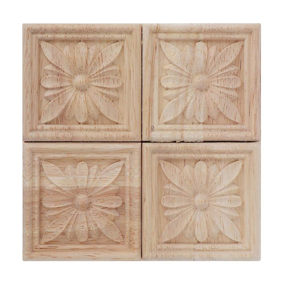 Rubber Wood Appliques 4Pcs Carving Checkered Applique Unpainted Decal for Furniture Decoration(Section 5)