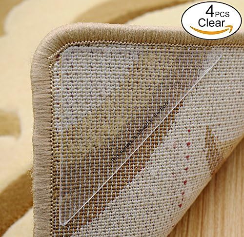 Rug Grippers System, Reusable Rubber Anti skid Pad (4 PCS) and Strong Sticky Double Sided Carpet Tape (4 PCS) by Yorwe (4, Clear)