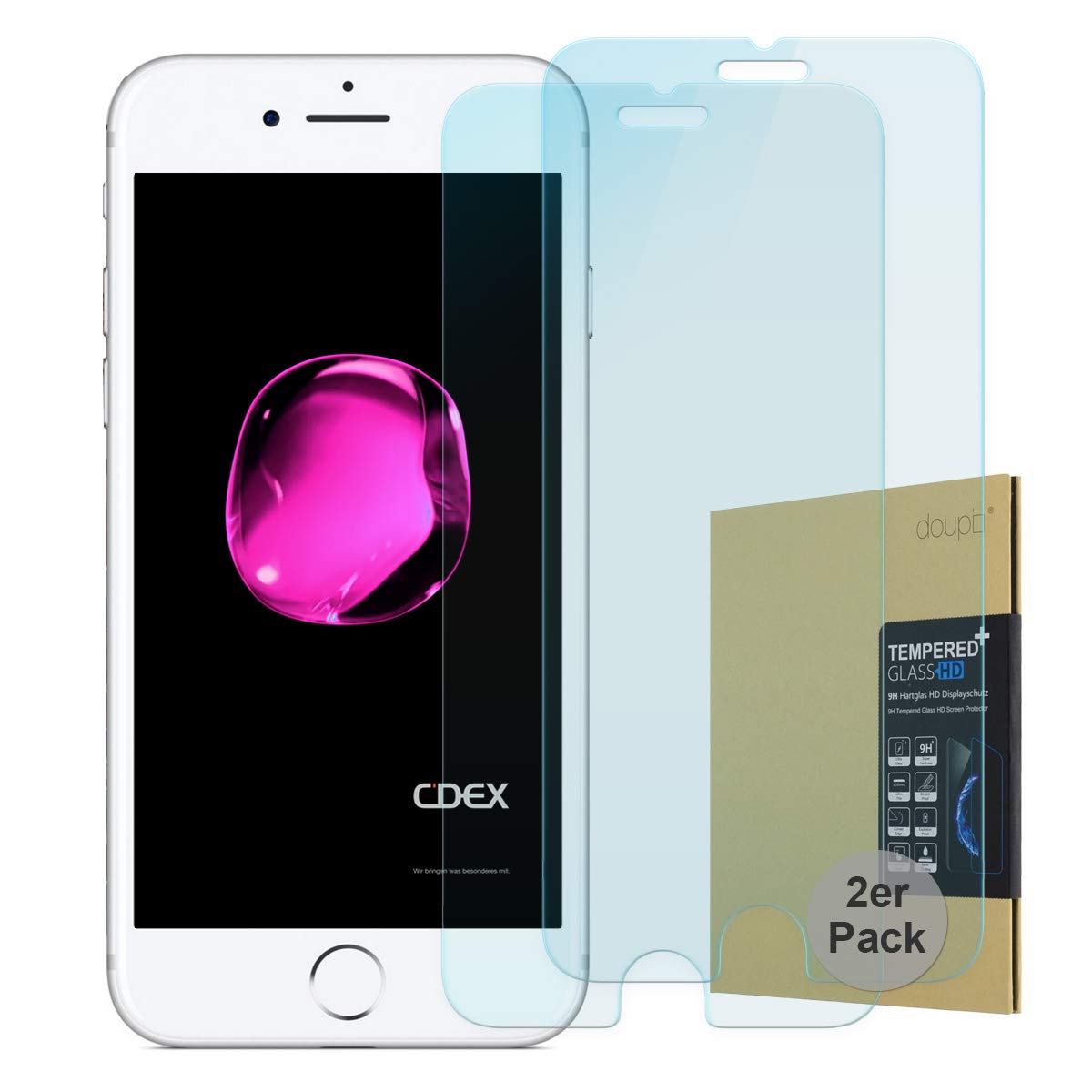 doupi 2X Screen Protector for iPhone 8 Plus / 7 Plus (5,5 inch), Premium 9H HD Anti Scratch [3D Touch Supported] Tempered Glass Film, 2-Pack
