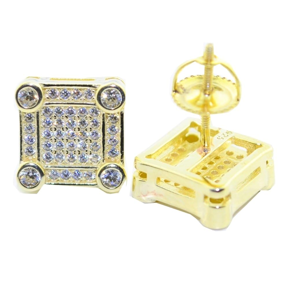 Mens Stud Earrings Iced Out Gold Tone Fashion CZ Screw Back 10.5MM