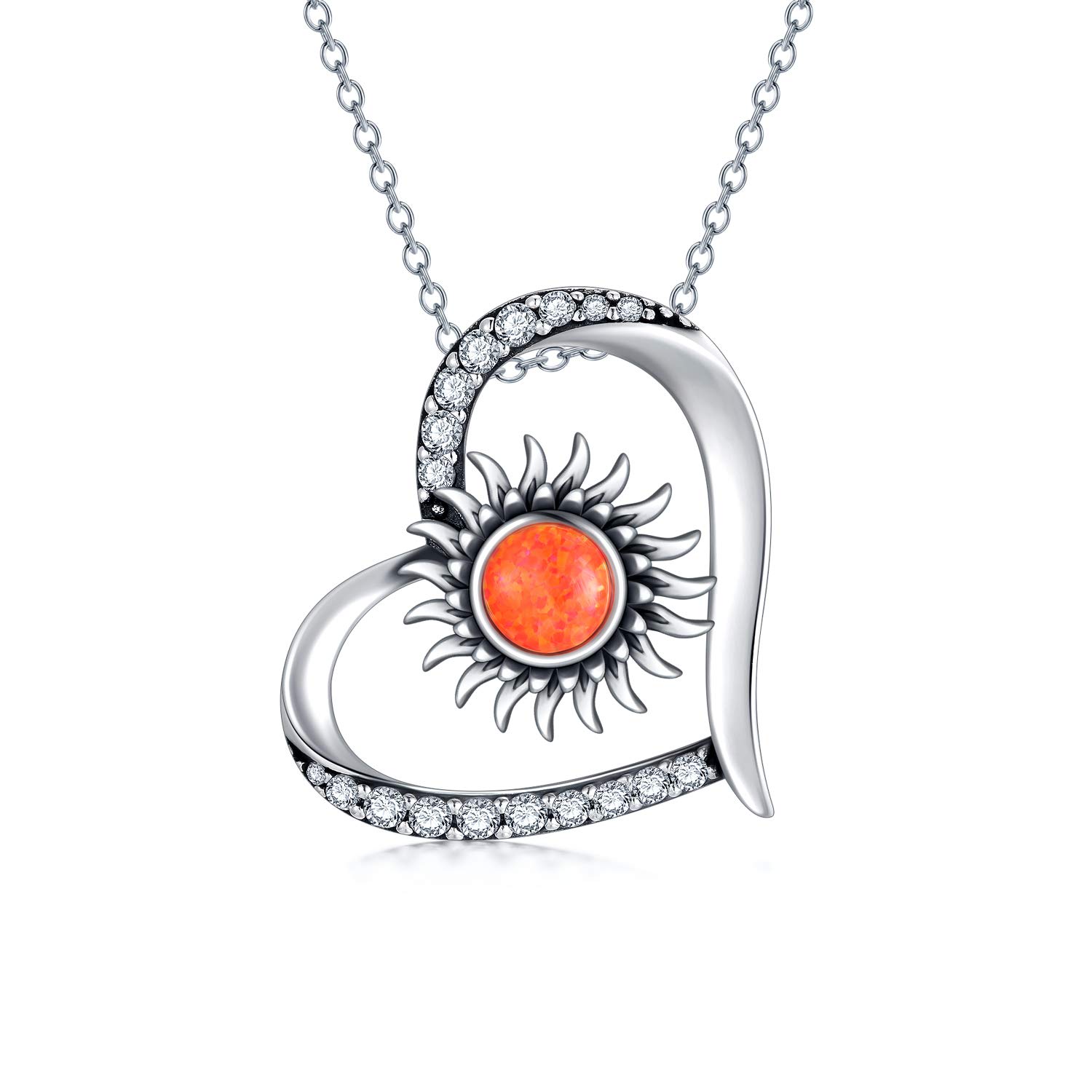 Sun Necklaces 925 Silver Heart Pendant with Cubic Zirconia Zircon Opal Jewellery Valentines Day Gifts for Her Women