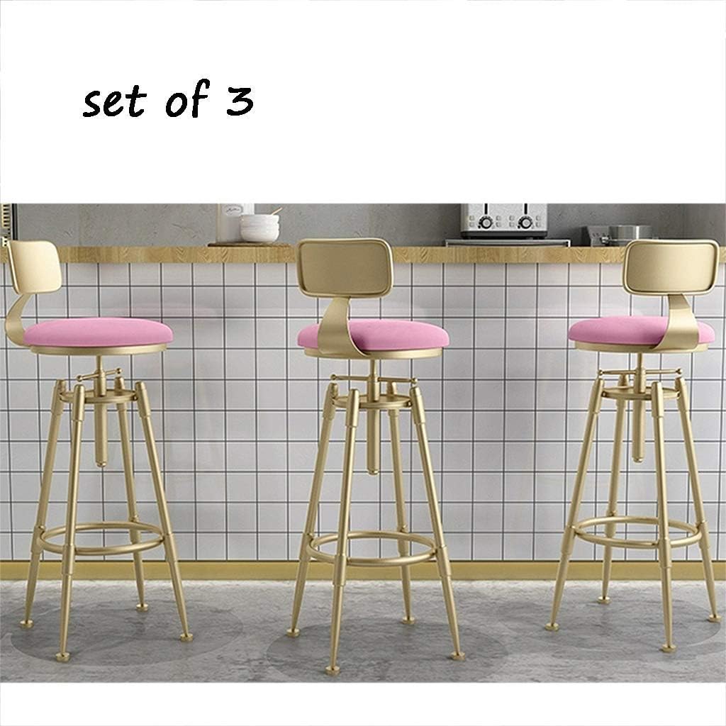 STOOL Desk Chairs，3-Piece Set Bar Stool Chair On-Trend Kitchen and Breakfast Barstool, with Footrest &Amp; Back, Velvet Cushion, Adjustable and Swivel (Pink)