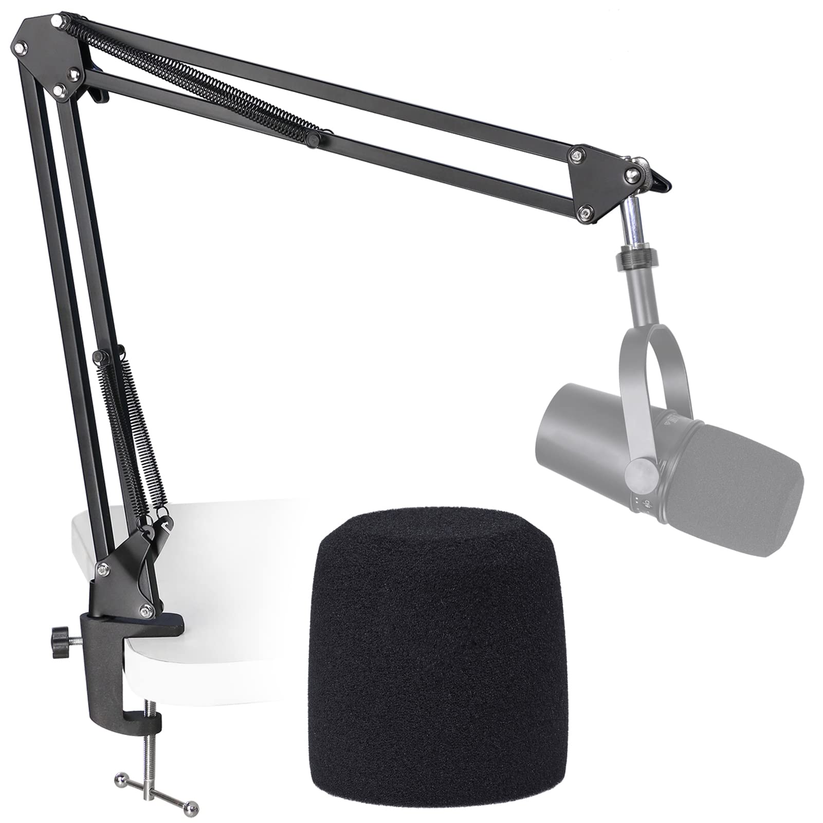 SUNMON for Shure MV7 Mic Boom Arm Stand with Pop Filter, Adjustable Metal Suspension Stand with 3/8" to 5/8" Adapter, Desk Clamp, for Studio & Gaming (Max Load 1.4kg)