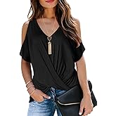 LEIYEE Womens Summer Cold Shoulder Tops Short Sleeve Front Twist Knot V Neck T Shirts Draped Blouses