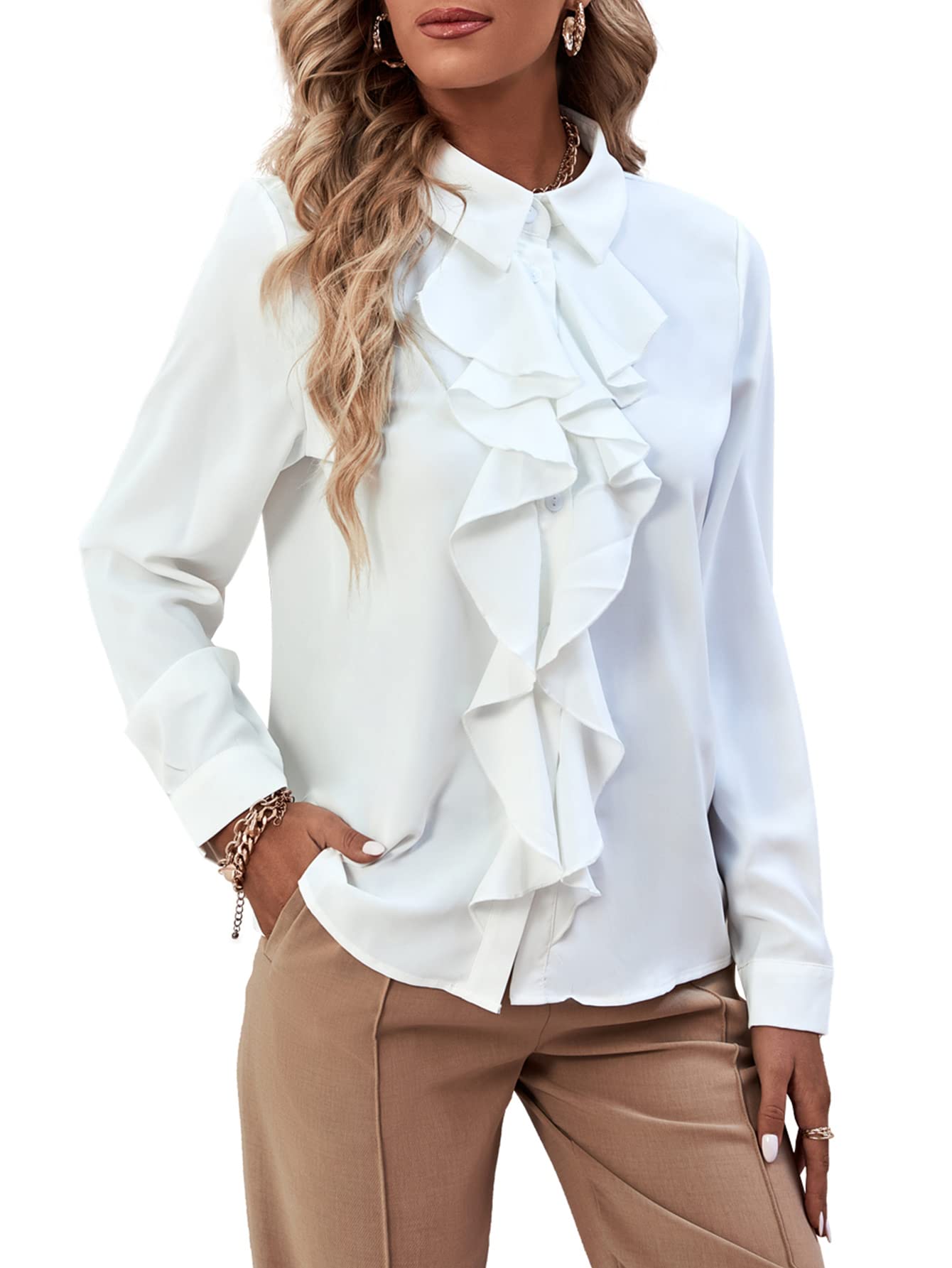 LYANER Women's Collar Neck Button Down Ruffle Front Long Sleeve Blouse ...