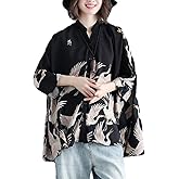 GK-O Women Japanese Style Crane Print Long Sleeve Chiffon Shirt Loose Fit Blouse