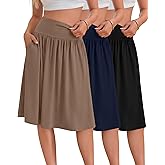 Ficerd 3 Pack Women's Knee Length Casual Skirts with Pockets, Flared High Waisted Midi Pleated Flowy a Line Summer Skirts