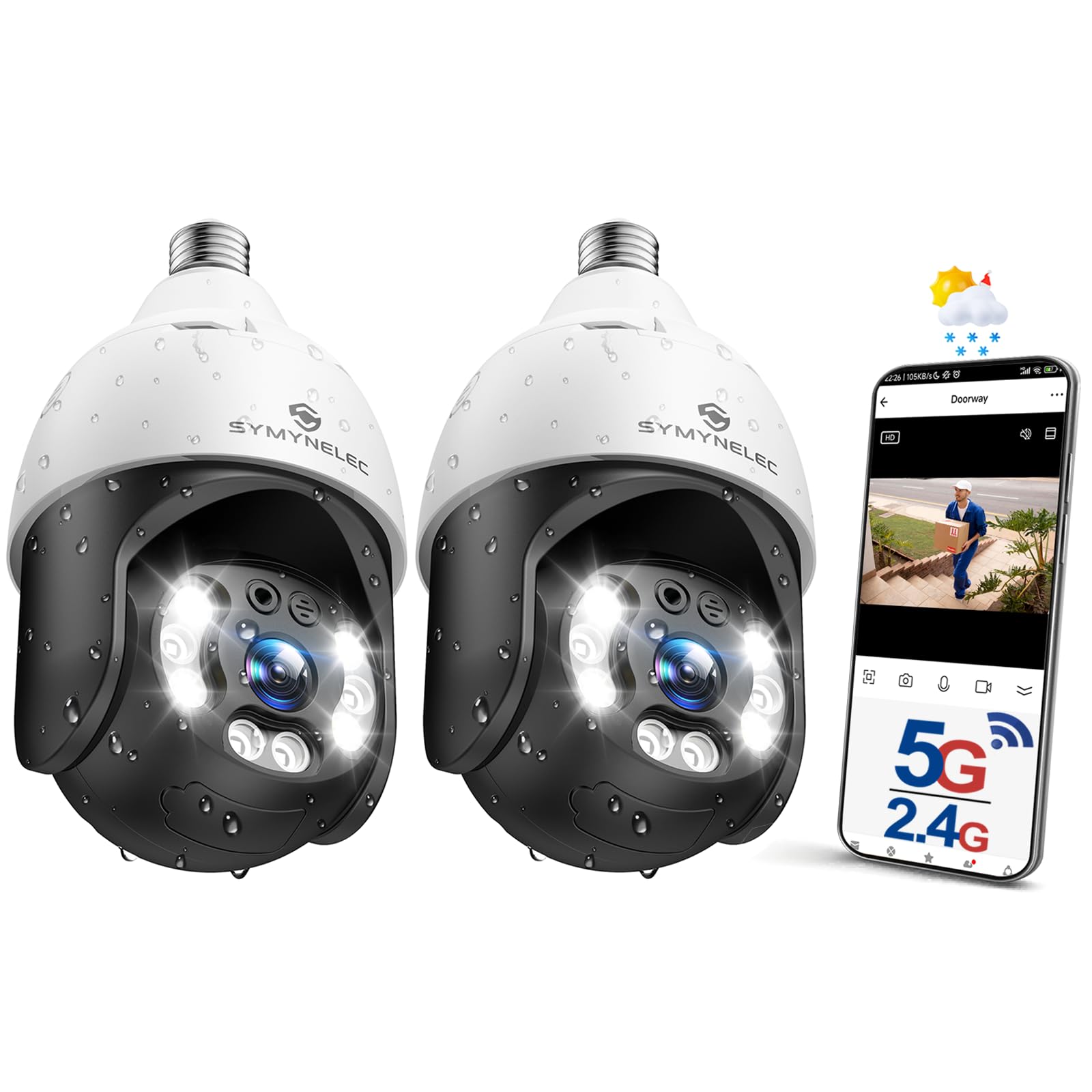 SYMYNELEC 5GHz/2.4GHz Light Bulb Security Camera Outdoor Waterproof 2 ...