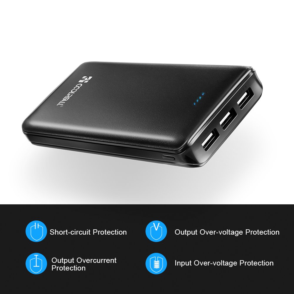 Batterie Externe 20000mAh Coolreall Power Bank 3 USB Port 4,8A Output Chargeur Portable avec LED pour iPhone, iPad, Samsung, Huawei, Tablette, etc (Noir)