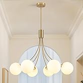TMMAYSUN 31.5" Modern Mid-Century Gold Sputnik Chandelier - 6-Light Adjustable Hanging Fixture with Milk White Glass Shades f