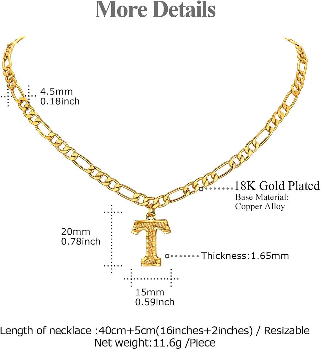 FOCALOOK 18K Gold Plated Small Initial Letter Necklaces 18 Inch Figaro Chain for Teen Boys Girls(T): Jewelry