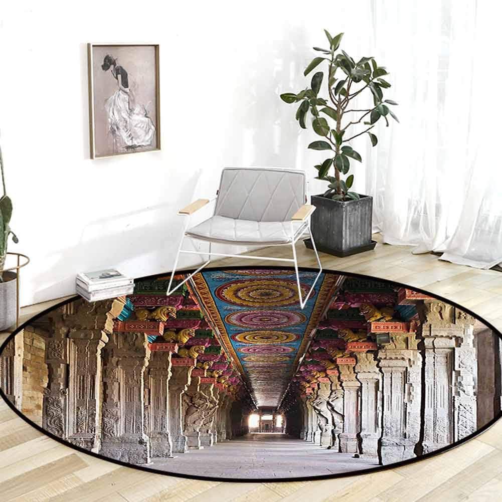 Kitchen Rug Pillar Decor Spiritual Theme Inside of Old Meenakshi in South India Digital Image Light Grey Classroom Carpet 4'Round