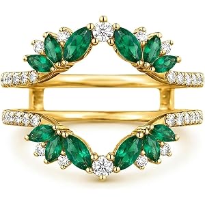 14K Yellow Gold Over 925 Sterling Silver Ring Guard Enhancer, Created Emerald & White Diamond Marquise Cut Double Curved Wedd