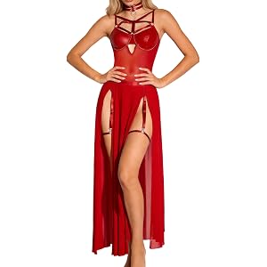 SEAUR Women Sexy Babydoll Lingerie Set PU Halter Bra Top Mesh Bodysuit High Waist Split Sheer Maxi Skirt Nightgown