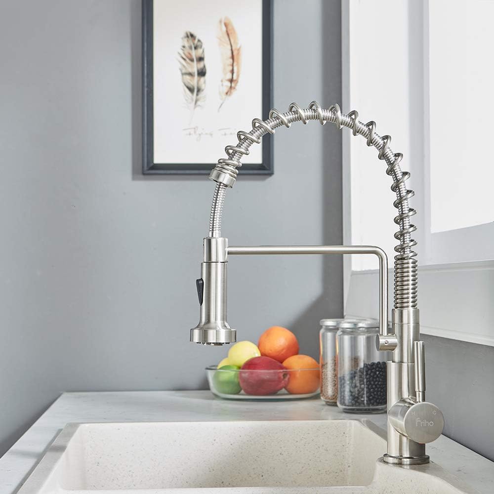 Friho Lead-Free Commercial Brushed Nickel Stainless Steel Single Handle Single Lever Pull Out Pull Down Sprayer Spring Bar Sink Kitchen Sink Faucet, Brushed Nickel Kitchen Faucets - - 