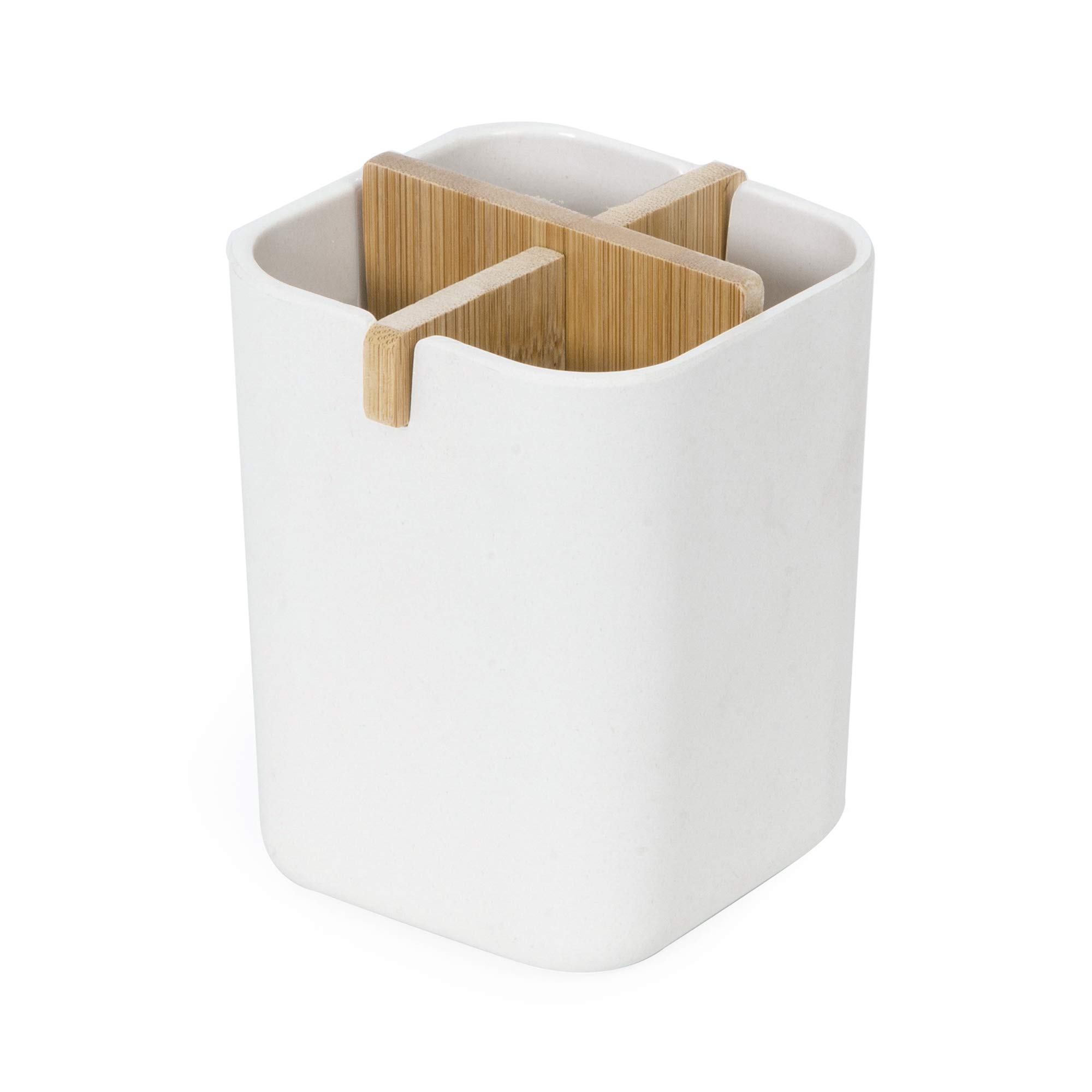 Compactor Ecologik Toothbrush Holder and Organiser with 4 Compartments, Eco-Friendly Bamboo, 100% Natural, 100% Biodegradable, 100% Plastic Free, 8.4 x 7.8 x 10.5cm, White/Brown, RAN10266