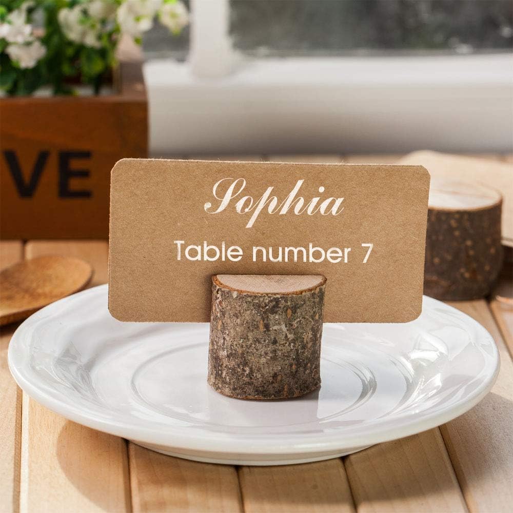 Toncoo Wood Place Card Holders, 10Pcs Premium Rustic Table Number Holders and 20Pcs Kraft Table Place Cards, Wood Photo Holders, Ideal for Wedding Party Table Name and More: Home & Kitchen