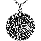 Viking Norse Wolf Pendant Necklace with Runes, Two-Tone Silver and Gold, Celtic Knot Design