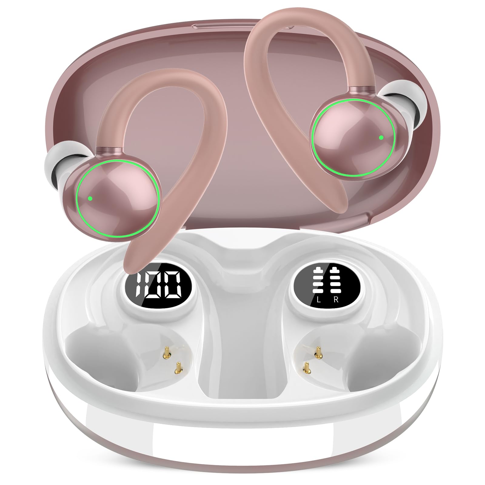 Wireless Earbuds, Bluetooth 5.4 Headphones Sport, Over Ear Buds With ENC Noise Cancelling Mic, 48H, Wireless Earphone With Earhooks, Stereo Deep Bass, IP7 Waterproof for Workout Running, Rose Gold Image